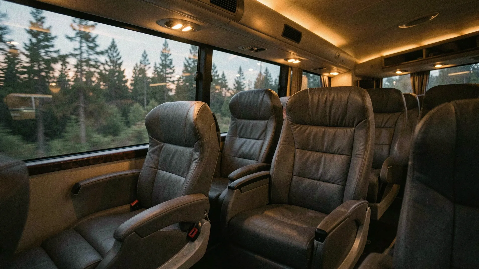 Illustration of the inside of an empty luxury coach with leather seats and pine trees passing outside