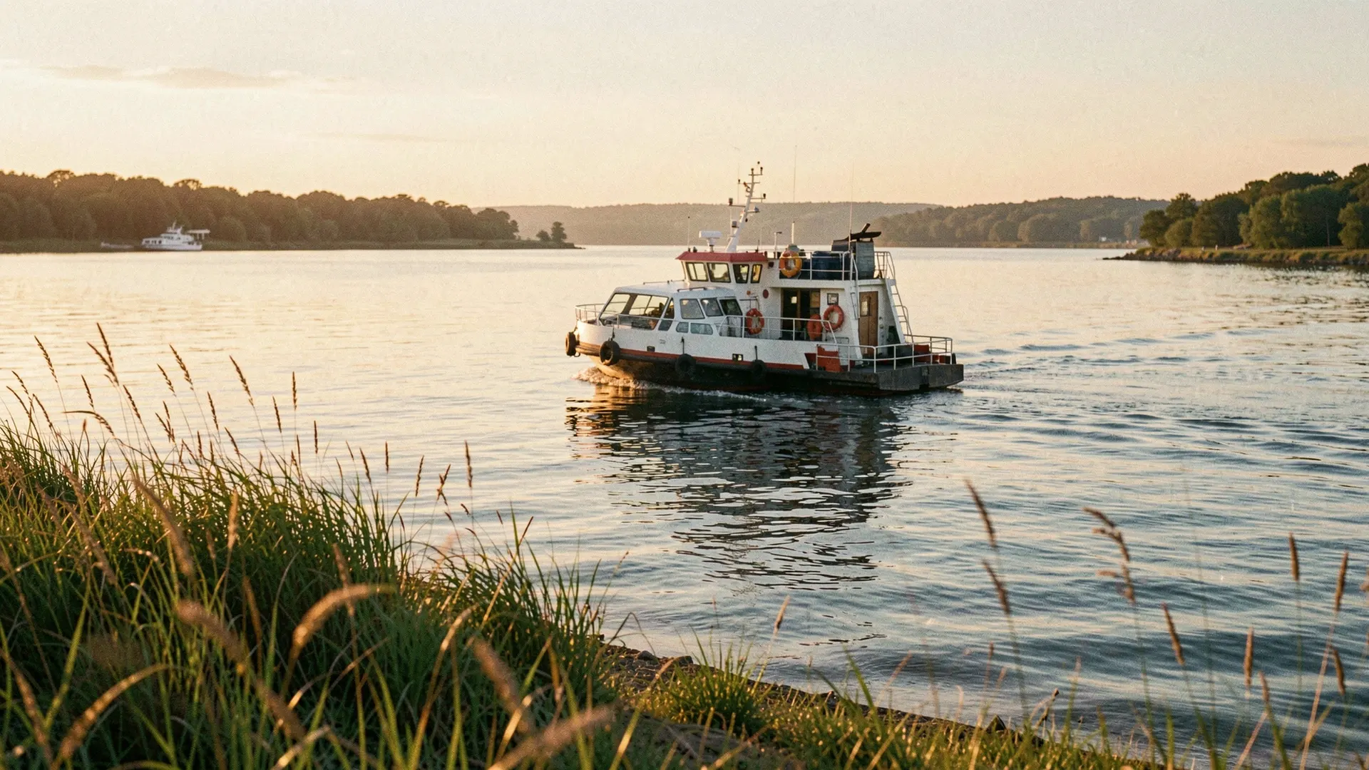 Illustration of a small white ferry with a red stripe on a bay at golden hour, with beach grass in the foreground