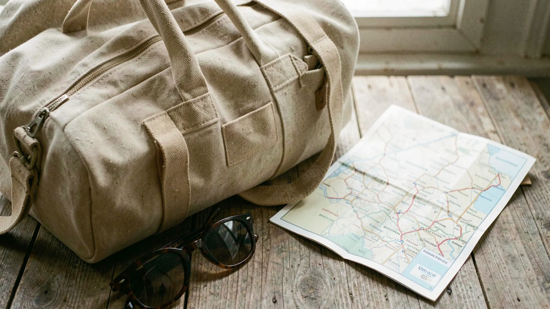 Illustration of a canvas weekend bag, sunglasses and a folded paper map on weathered wood in window light
