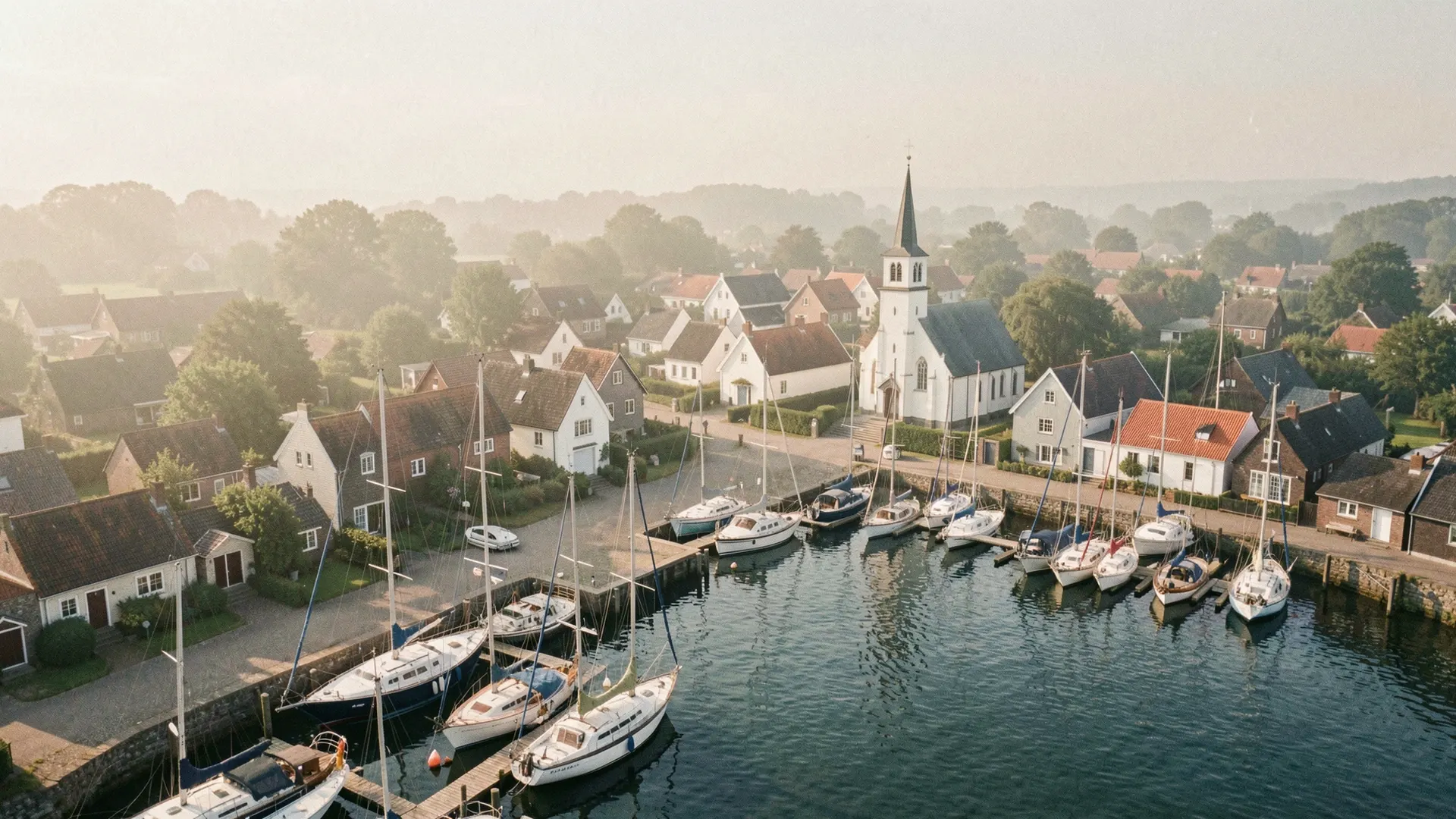 Illustration of a harbor village from above, with sailboats on moorings and a white church steeple